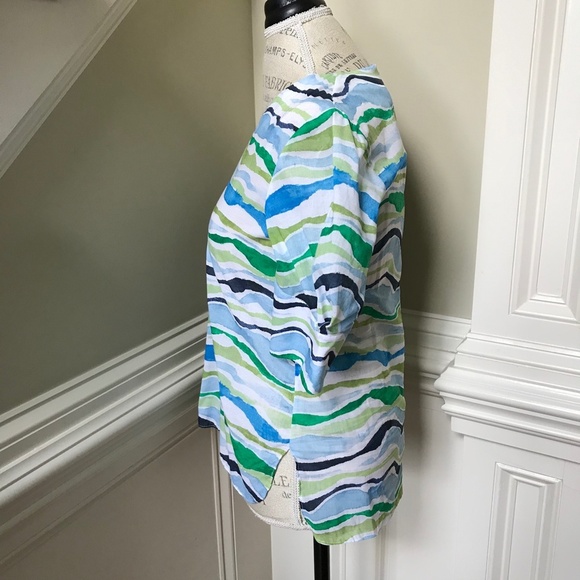 Charlotte Brody Blouse Top Shirt Womens XS Blue White Green 3/4 Sleeve V-Neck - Picture 9 of 12